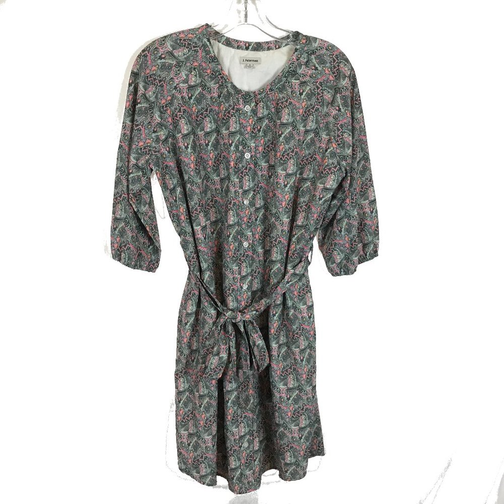 Womens Size Small J. Peterman Green Full Button Front Belted Floral Dress